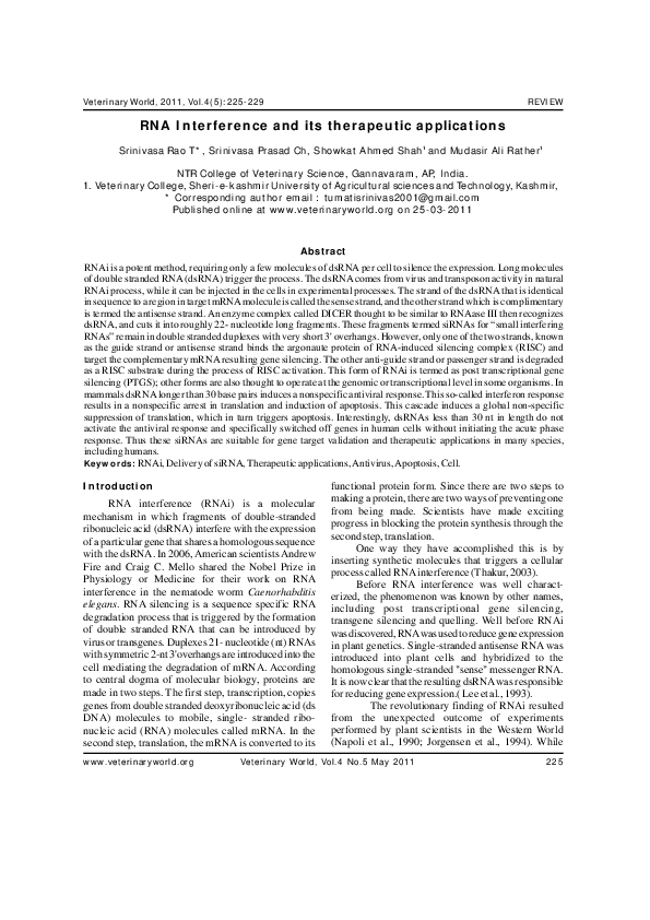 (PDF) RNA Interference and its therapeutic applications