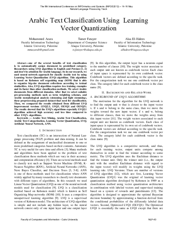 (PDF) Arabie text classification using Learning Vector Quantization