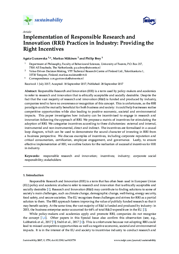 (PDF) Implementation of Responsible Research and Innovation (RRI ...