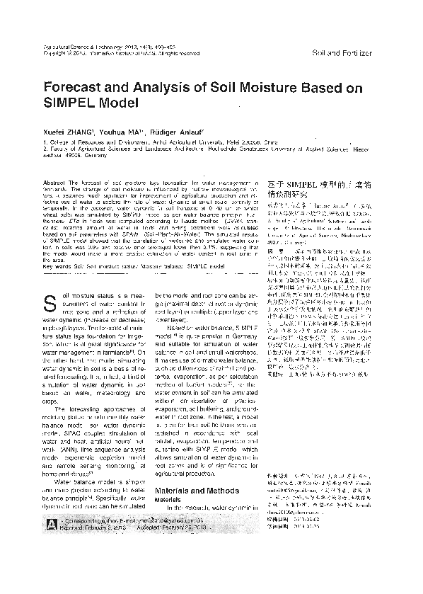 (PDF) Forecast and Analysis of Soil Moisture Based on SIMPEL model