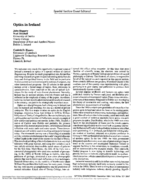 (PDF) Guest Editorial: Special Section on Optics in Ireland