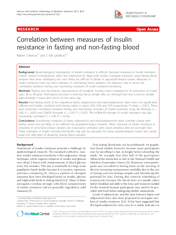 (PDF) Correlation between measures of insulin resistance in fasting and ...
