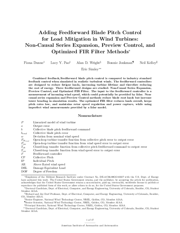 (PDF) Adding Feedforward Blade Pitch Control for Load Mitigation in ...