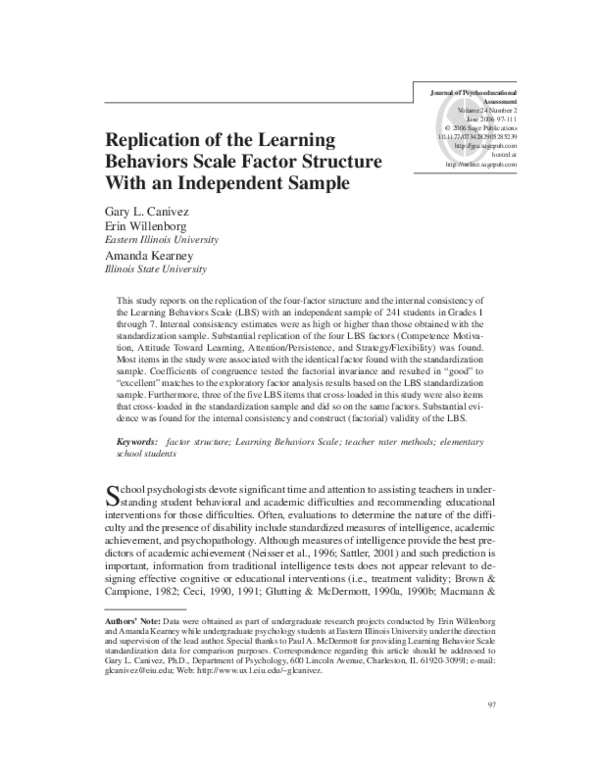 (PDF) Replication of the Learning Behaviors Scale Factor Structure With ...
