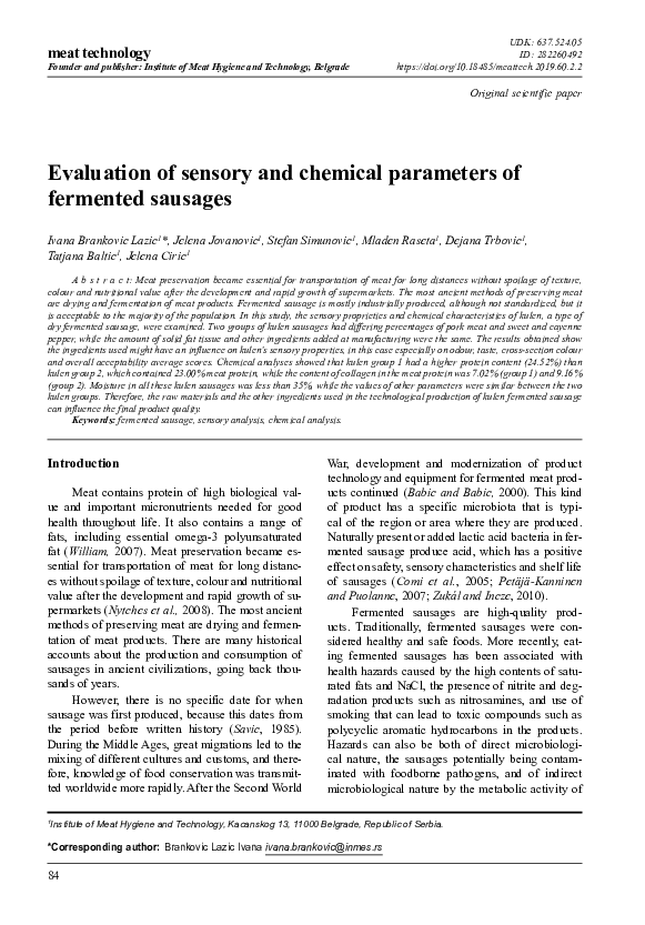 (PDF) Evaluation of Sensory and Chemical Parameters of Fermented Sausages