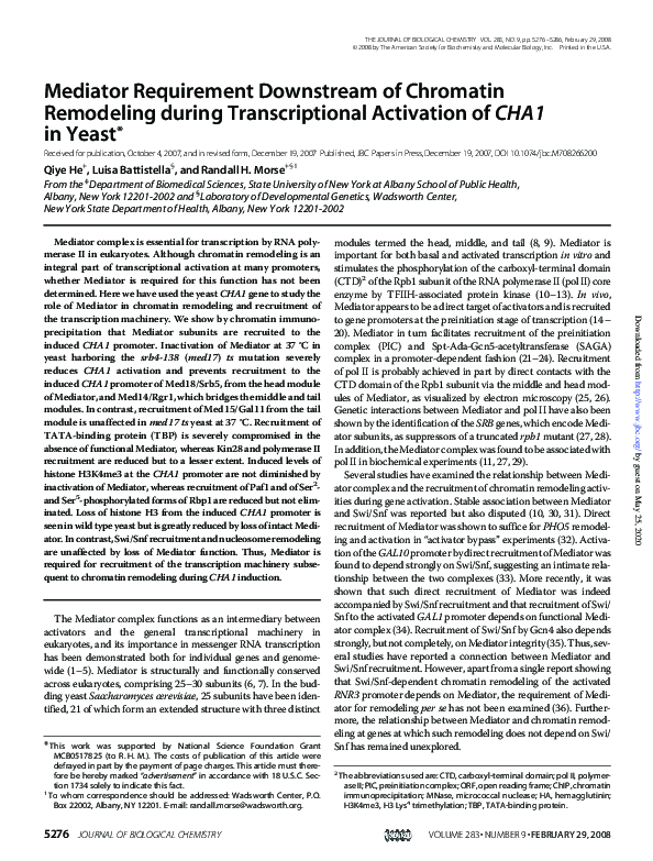 (PDF) Mediator Requirement Downstream of Chromatin Remodeling during ...