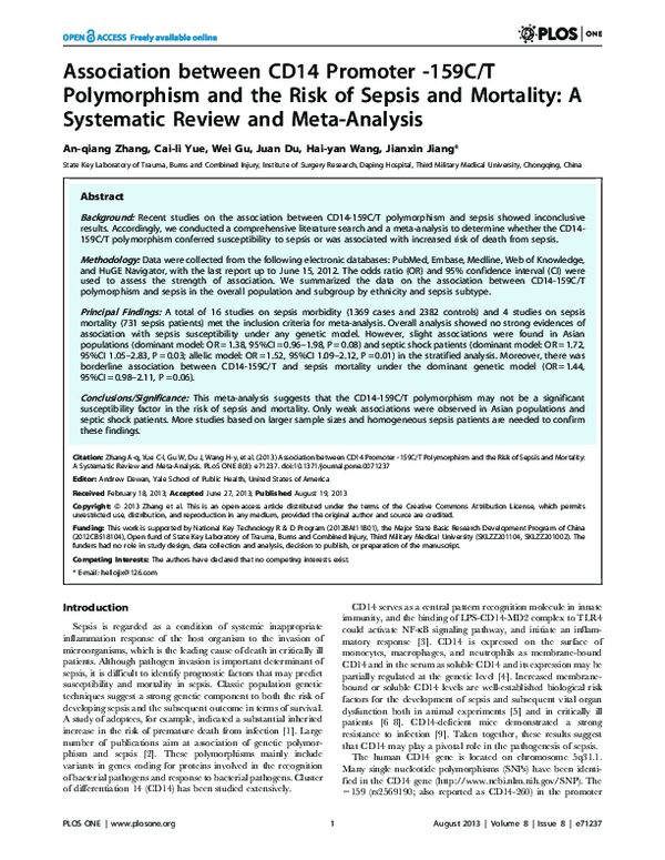 (PDF) Association between CD14 Promoter -159C/T Polymorphism and the ...