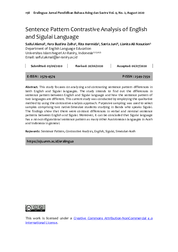 (PDF) Sentence Pattern Contrastive Analysis of English and Sigulai Language