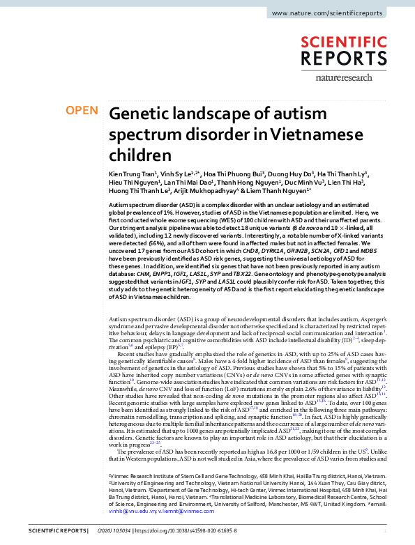 (PDF) Genetic landscape of autism spectrum disorder in Vietnamese children