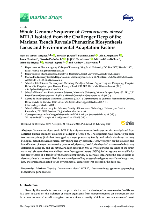 (PDF) Whole Genome Sequence of Dermacoccus abyssi MT1.1 Isolated from ...