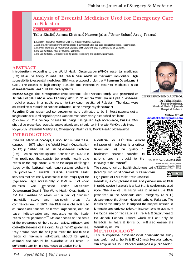 (PDF) Analysis of Essential Medicines Used for Emergency Care in Pakistan