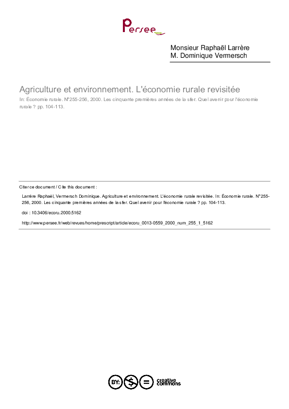 (PDF) Agriculture et environnement. L'économie rurale revisitée