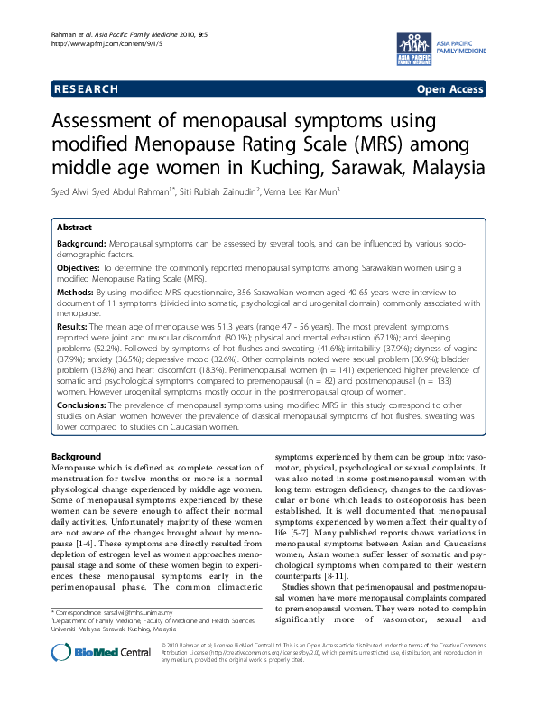 (PDF) Assessment of menopausal symptoms using modified Menopause Rating