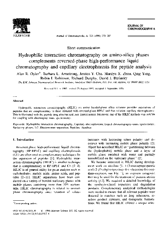 (PDF) Hydrophilic interaction chromatography on aminosilica phases complements reversedphase
