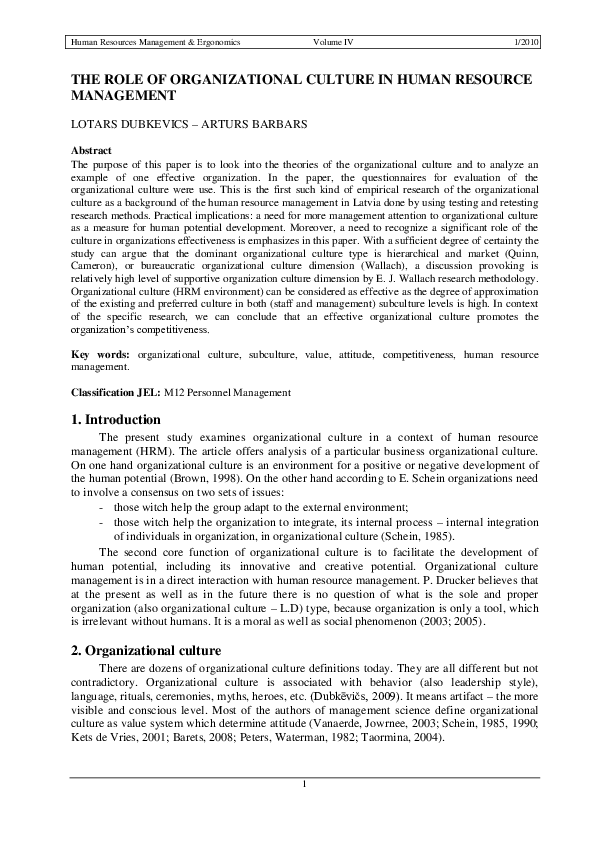 (PDF) The Role of Organizational Culture in Human Resource Management