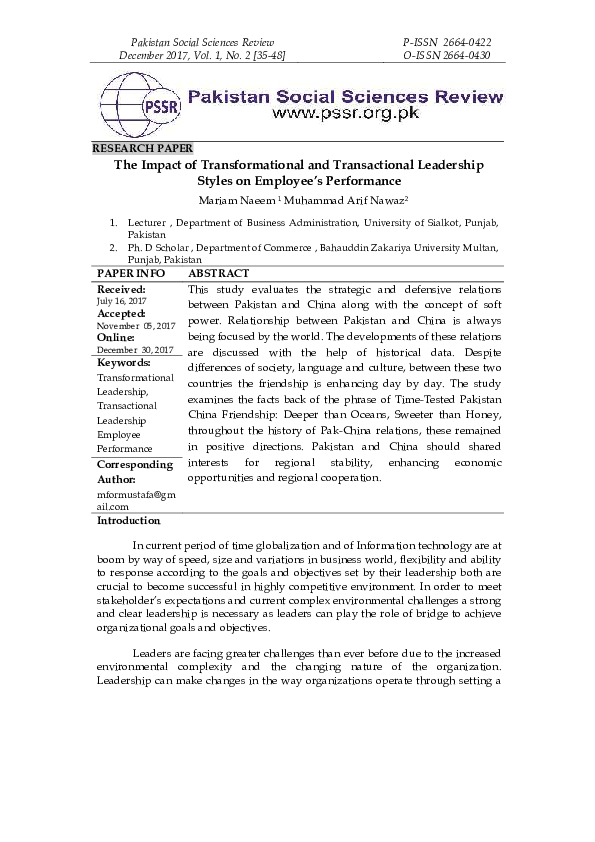 (PDF) The Impact of Transformational and Transactional Leadership ...
