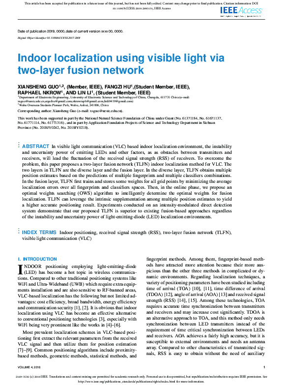 (PDF) Indoor localization using visible light via two-layer fusion network
