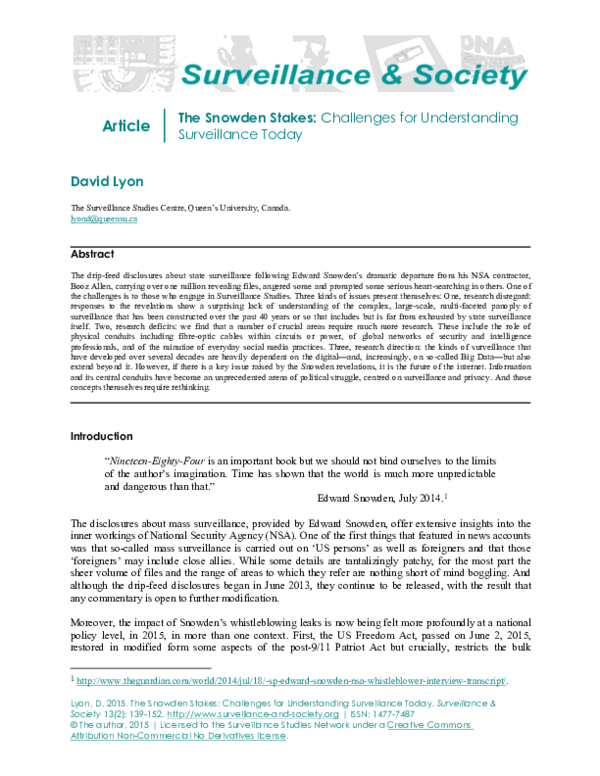 The Snowden Stakes: Challenges for Understanding Surveillance Today