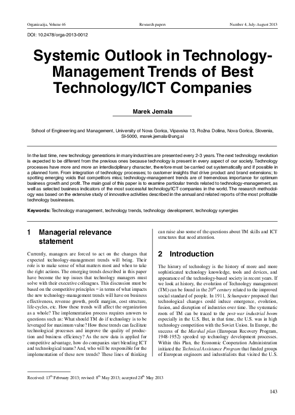 (PDF) Systemic Outlook in Technology- Management Trends of Best ...