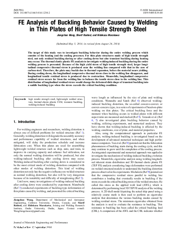 (PDF) FE Analysis of Buckling Behavior Caused by Welding in Thin Plates ...