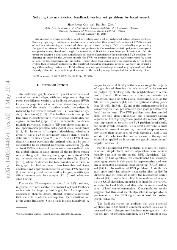 (PDF) Solving the undirected feedback vertex set problem by local search