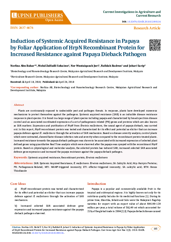 (PDF) Induction of Systemic Acquired Resistance in Papaya by Foliar
