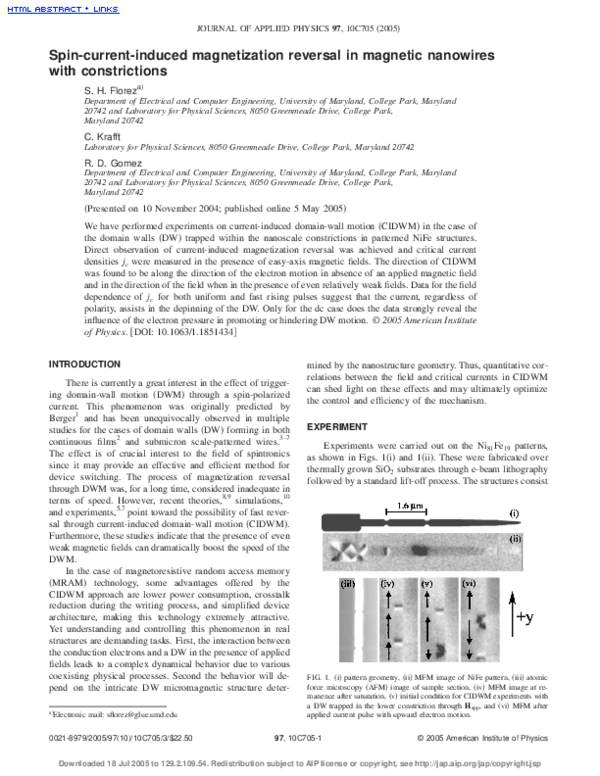 (PDF) Magnetization Reversal in Nanowires via Spin Currents