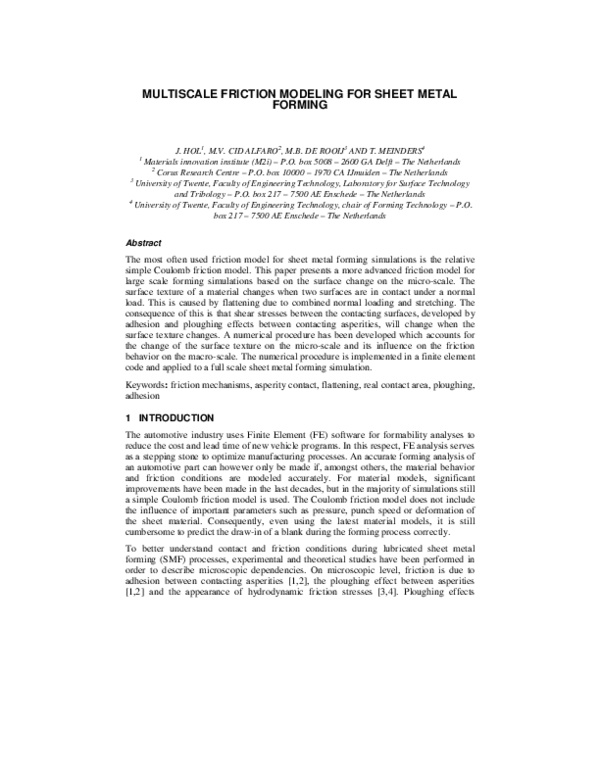 (PDF) Multi-scale friction modeling for sheet metal forming: The ...