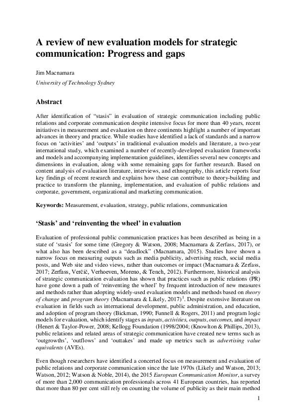 (PDF) A Review of New Evaluation Models for Strategic Communication ...