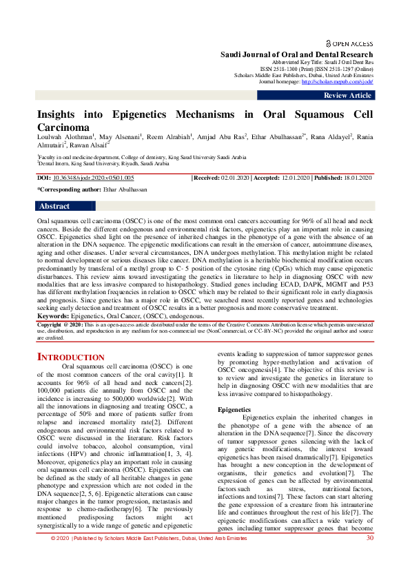 (PDF) Insights into Epigenetics Mechanisms in Oral Squamous Cell Carcinoma