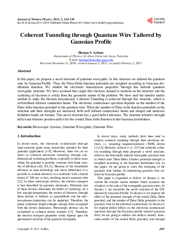 (PDF) Coherent Tunneling Through Quantum Wire Tailored by Gaussian Profile