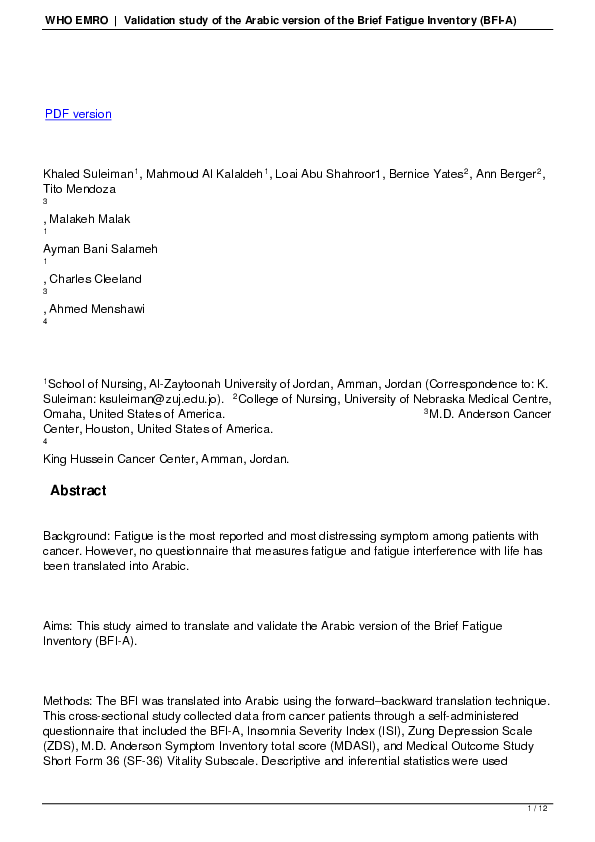 (PDF) Validation study of the Arabic version of the Brief Fatigue ...