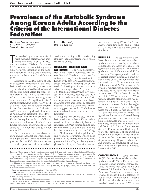 (PDF) Prevalence of the metabolic syndrome among Korean adults ...