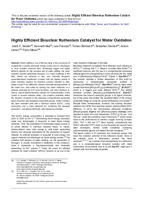 (PDF) Highly Efficient Binuclear Ruthenium Catalyst for Water Oxidation