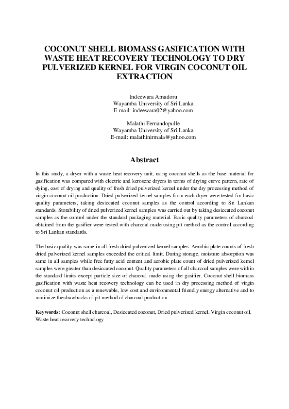 (PDF) COCONUT SHELL BIOMASS GASIFICATION WITH WASTE HEAT RECOVERY ...