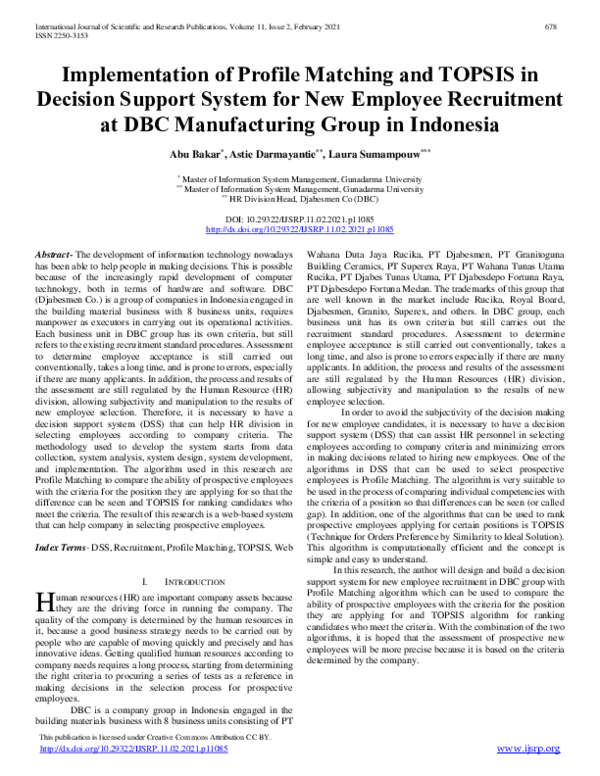 (PDF) Implementation of Profile Matching and TOPSIS in Decision Support ...