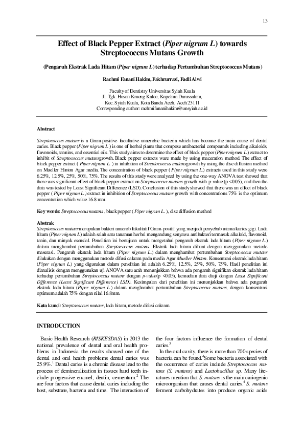 (PDF) Effect of Black Pepper Extract (Piper nigrum L) towards Streptococcus Mutans Growth