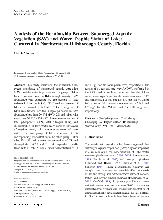 (PDF) Analysis of the Relationship Between Submerged Aquatic Vegetation ...