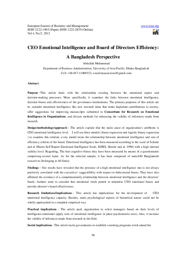 (PDF) CEO Emotional Intelligence and Board of Directors Efficiency: A ...