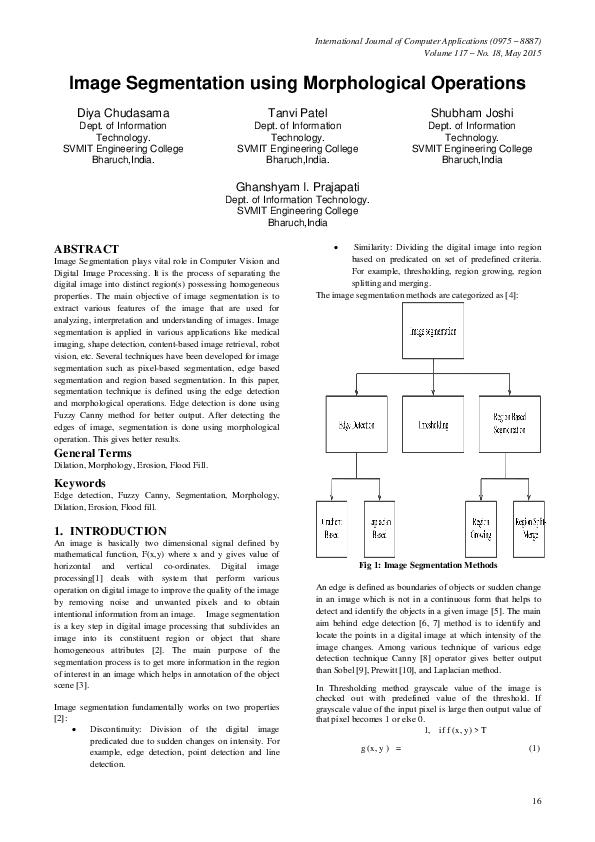 (PDF) Image Segmentation using Morphological Operations