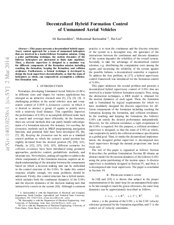 (PDF) Decentralized hybrid formation control of Unmanned Aerial Vehicles