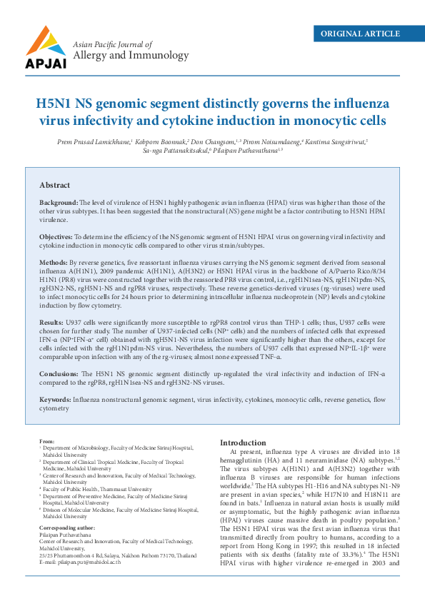 (PDF) H5N1 NS genomic segment distinctly governs the influenza virus ...
