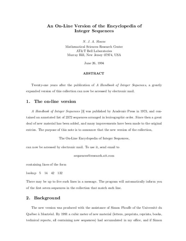 (PDF) An On-Line Version of the Encyclopedia of Integer Sequences
