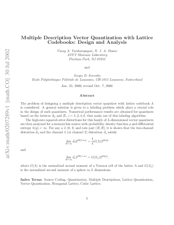 (PDF) Multiple description vector quantization with a coarse lattice