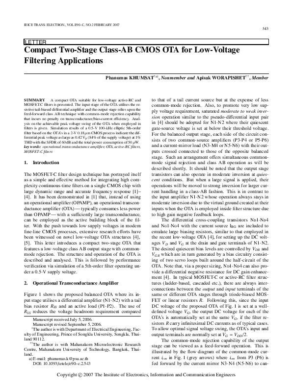(PDF) Compact Two-Stage Class-AB CMOS OTA for Low-Voltage Filtering ...
