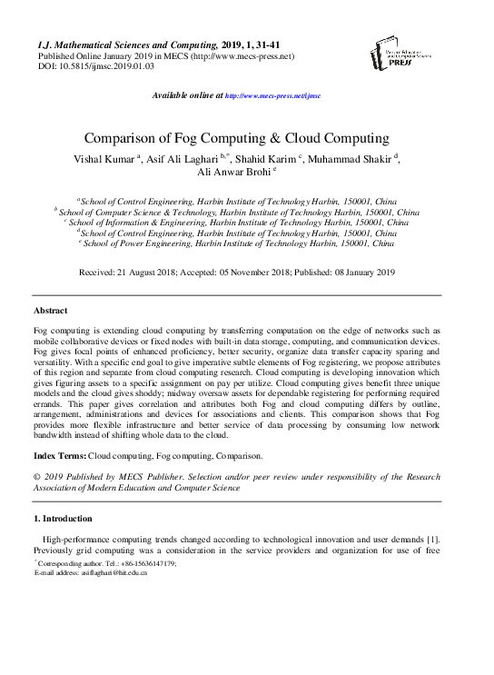 (PDF) Comparison of Fog Computing & Cloud Computing