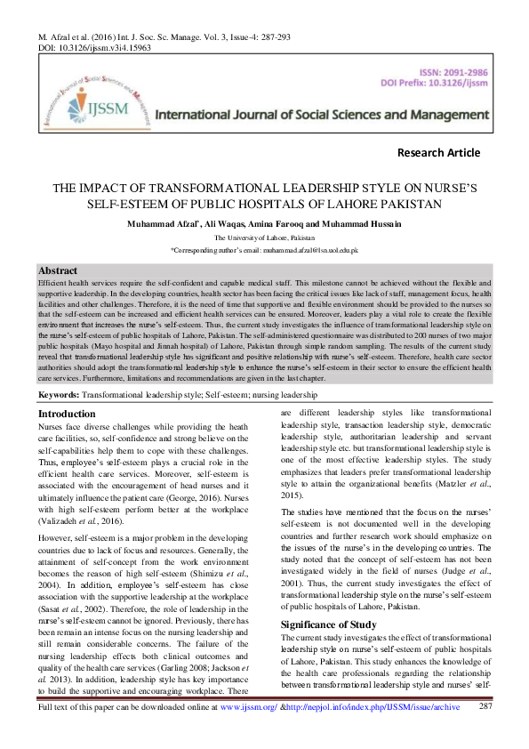 (PDF) The impact of transformational leadership style on job satisfaction