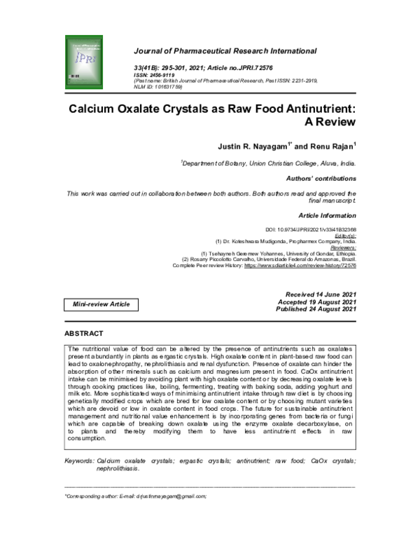 (PDF) Calcium Oxalate Crystals as Raw Food Antinutrient A Review