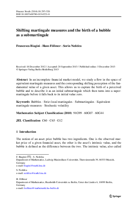 (PDF) Shifting martingale measures and the birth of a bubble as a ...