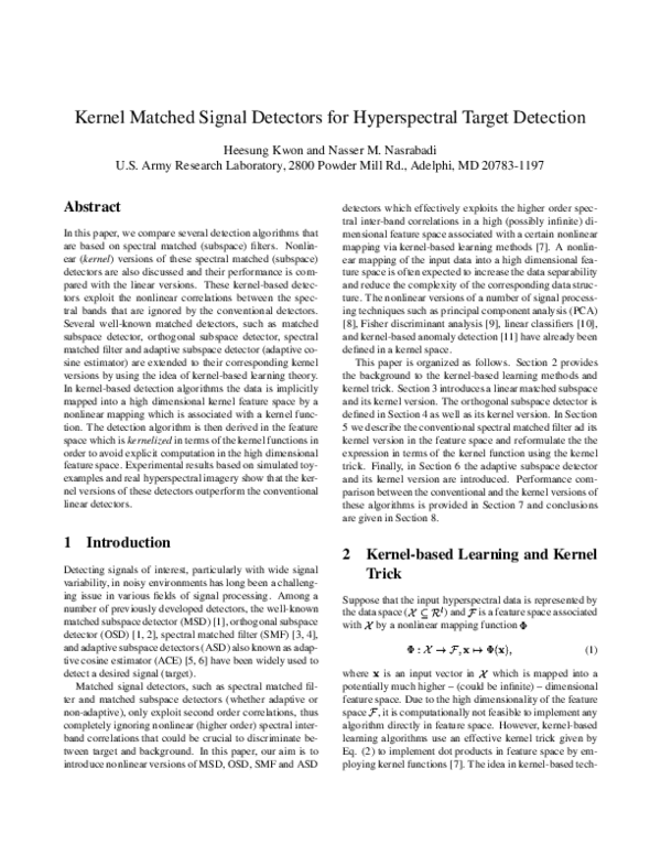 (PDF) Kernel Matched Signal Detectors for Hyperspectral Target Detection